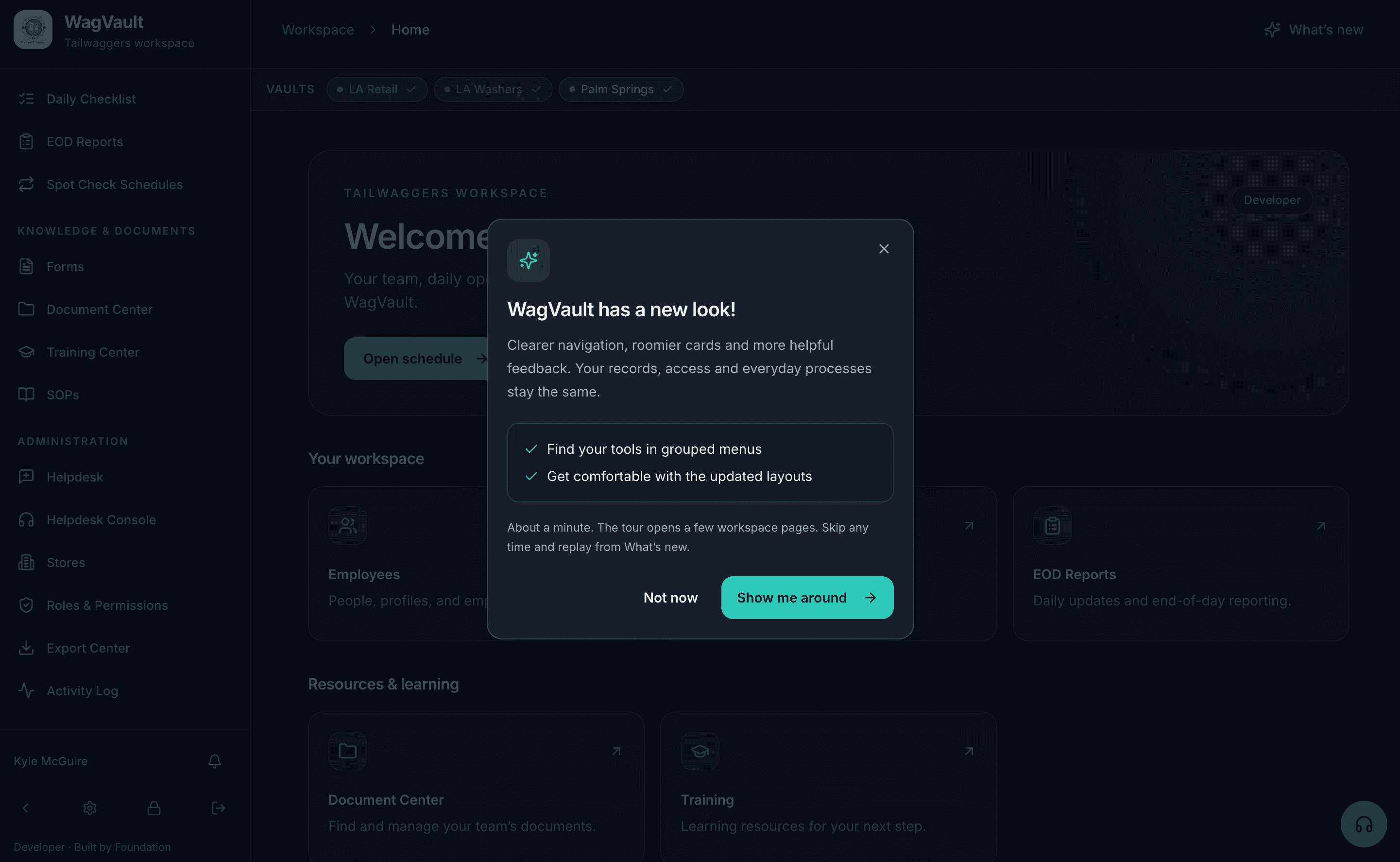 WagVault New-Look Welcome — Help people find their way, built by Foundation Tech for Tailwaggers.